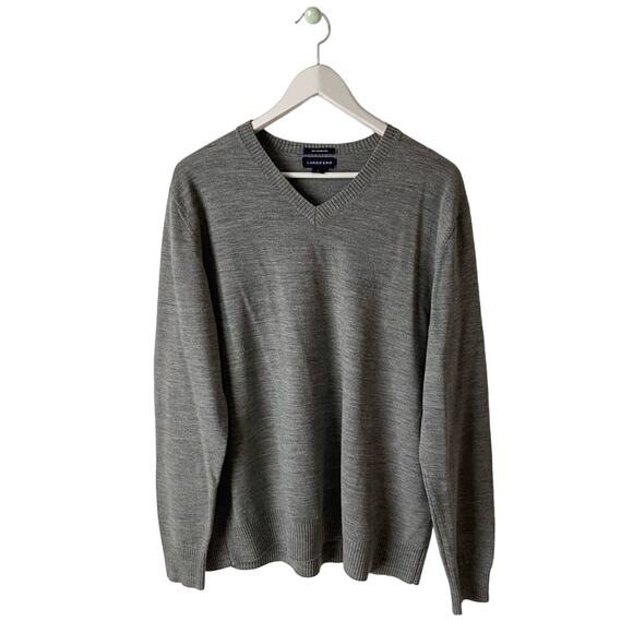 Lands’ End Gray 100% Merino Wool V-Neck Sweater Size Large - Picture 1 of 4
